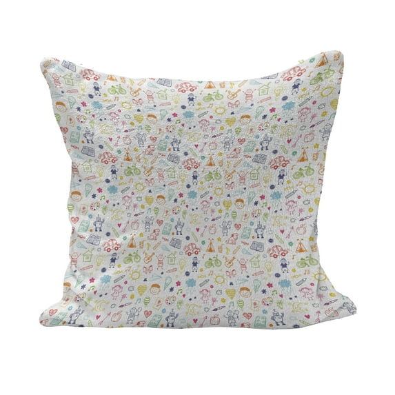 Cartoon Fluffy Throw Pillow Cushion Cover, Like Drawing of Sun Tent Various Other Friendly Things, Decorative Square Accent Pillow Case, 40" x 40", Multicolor, by Ambesonne