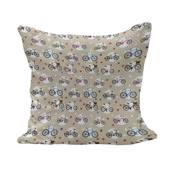 Cartoon Fluffy Throw Pillow Cushion Cover, Romantic Bicycle Illustration with Hearts and Dots on The Background Art Print, Decorative Square Pillow Case, 24" x 24", Beige and White, by Ambesonne