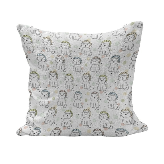 Cartoon Fluffy Throw Pillow Cushion Cover, Sleepy Cat Colorful Hats Night Time Night Animals, Decorative Square Accent Pillow Case, 36" x 36", Pale Yellow Pale Blue, by Ambesonne
