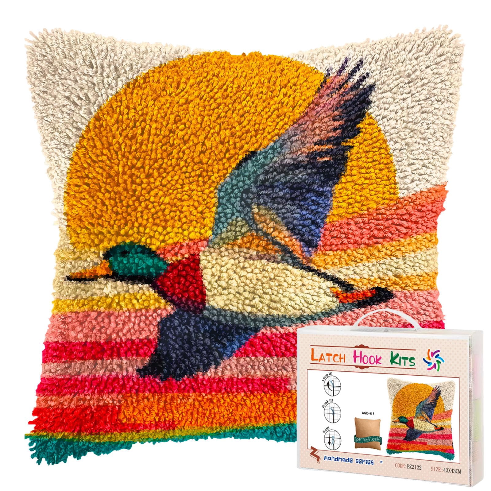 Cartoon Flying Mallard DIY Latch Hook Pillow Kits for Adults Printed Pillowcase Crochet Yarns Hooking Handmade Pillow Cover Cushion for Home Sofa Decoration 17x17inch