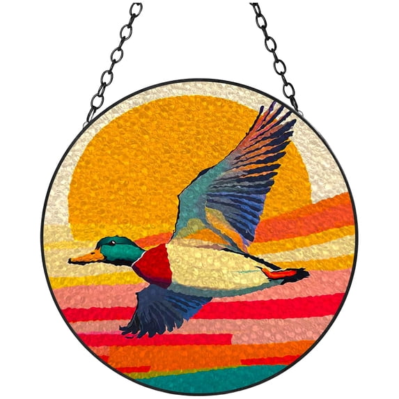 Cartoon Flying Mallard Stained Glass Suncatcher Handmade Window Hanging Colored Glass Suncatcher Crafts Kits for Indoor Garden Decor Memorial Gift 16x16cm