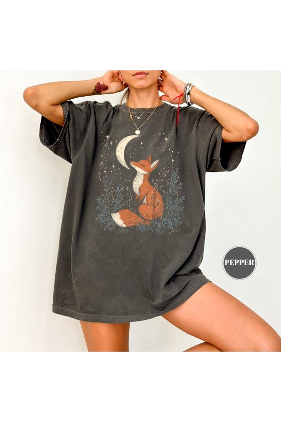 Cartoon Folklore Crescent Fox T-Shirt, Aesthetic Women Clothing, Woman Fox Lover Shirt, Boho Retro Tee, Bohemian Outfit, Nature Animal Lover