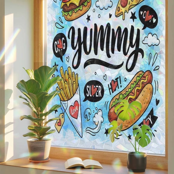 Cartoon Food Abstract Graffiti Window Privacy Film, Rainbow Film Decorative Window Sticker 17.7x39.3in, Blue Sky with Clouds Sun Blocking Static Stained Glass Cling Tint Non-Adhesive