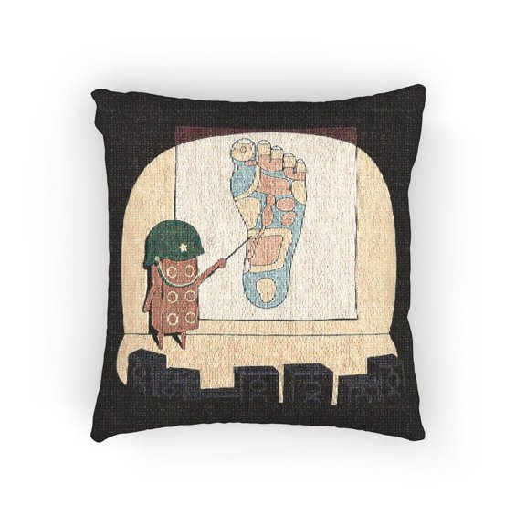 Cartoon Foot Chart Classroom in Black, Cream, Red and Teal Woven Pillow, Cotton-Polyester Shell, 17 x 18 in