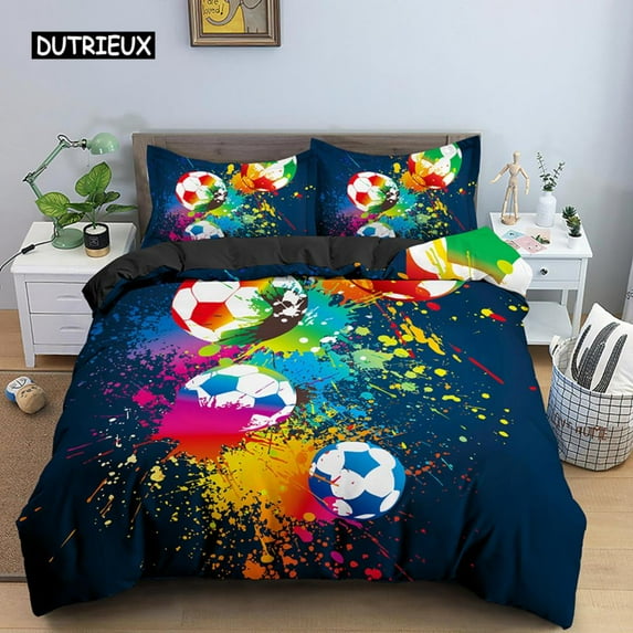 Cartoon Football Duvet Cover Colored Graffiti Sports Theme for Boys Teens Bedroom Decorations Beddin