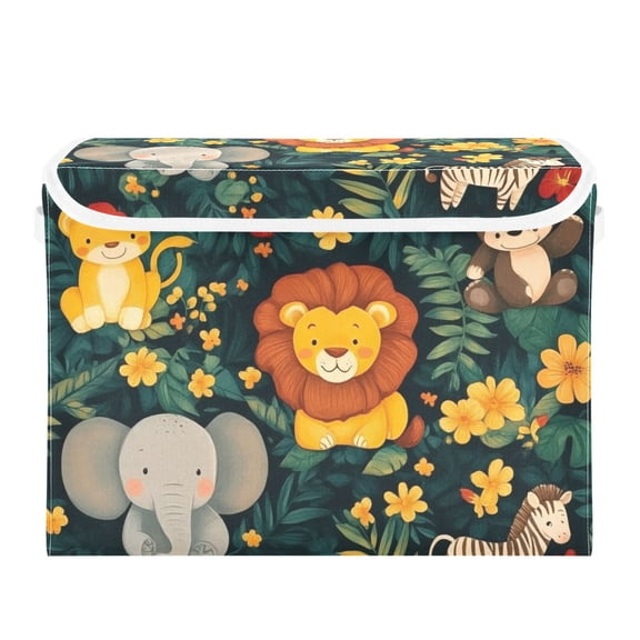 Cartoon Forest Animals Large Storage Bins with Linen Collapsible Lid Storage Box 16.7 x 12.6 x 11.8in