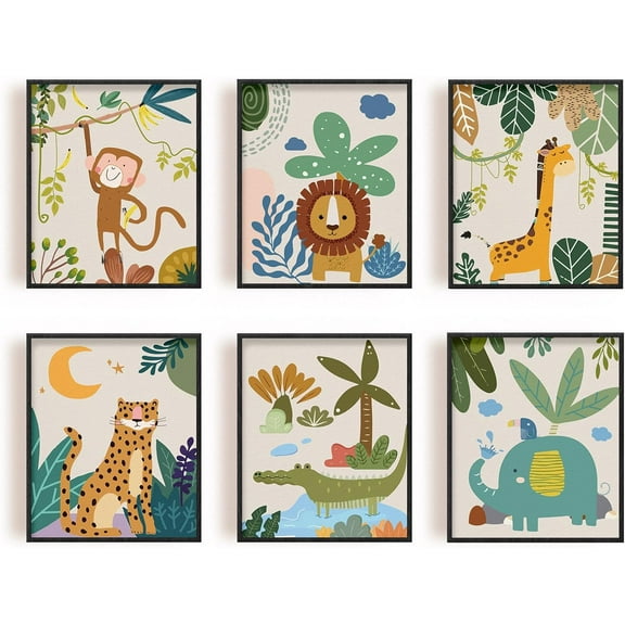 Cartoon Forest Animals Poster Canvas Wall Art Set - Monkey Lion Crocodile Giraffe Elephant Cheetah Prints - Nursery/Playroom Decoration - Unframed (Set of 6) for DIY