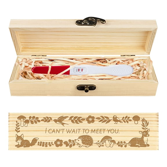 Cartoon Forest Animals Pregnancy Test Souvenir Box Plants and Wreaths Wooden Pregnancy Announcement Keepsake Box with Raffia Ribbon and Lock Announcement Gifts