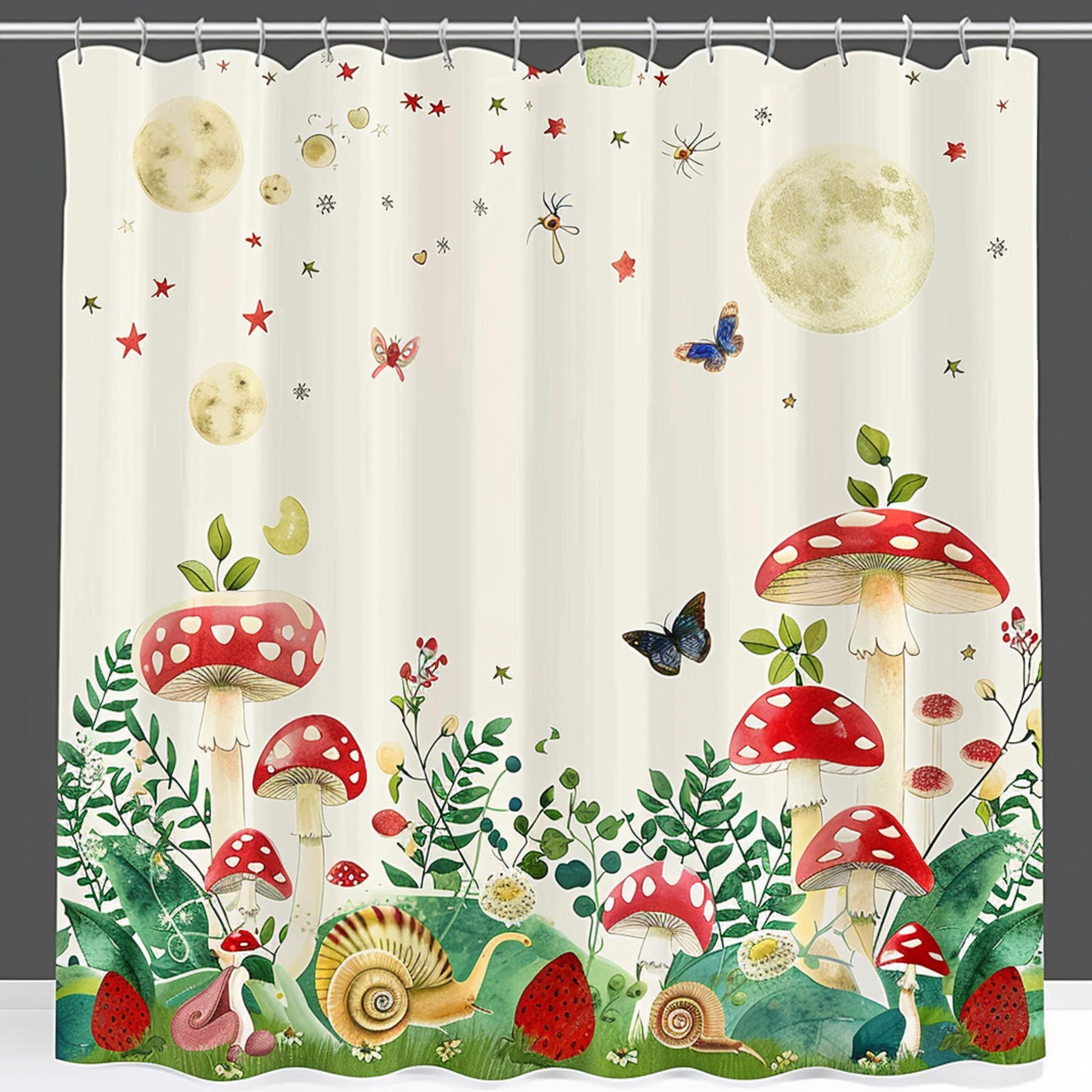 Cartoon Forest Shower Curtain Set Cute Mushrooms Snails Strawberries