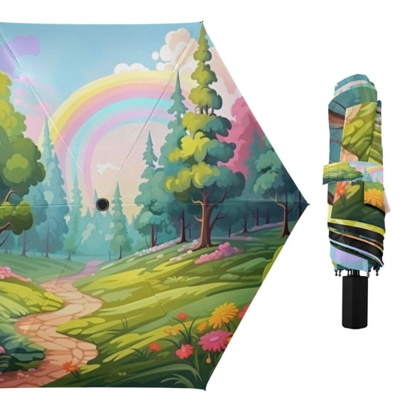Cartoon Forest and Rainbow Compact Sun Umbrella Windproof Travel Umbrellas for Rain Strong Portable UV Protection