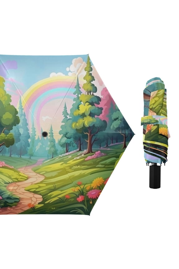 Cartoon Forest and Rainbow Compact Sun Umbrella Windproof Travel Umbrellas for Rain Strong Portable UV Protection