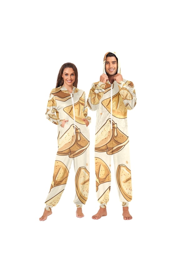 Cartoon Fortune Cookies Adult Onesie Pajamas Slim Fit Christmas One Piece Suit Pjs for Women and Men Hooded Zipper