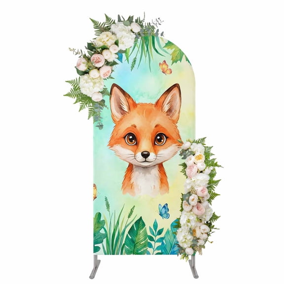 Cartoon Fox Arch Backdrop Cover 4FT, Summer Butterfly Fern Tropical Palm Plants Spandex Fitted Stretchy Arch Stand Covers, Round Top Chiara Backdrop Cover for Wedding Party Birthday Baby Shower
