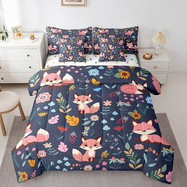 Cartoon Fox Comforter Set 7 Piece Bed in a Bag Twin,Woodland Animals Sheet Set with Comforter,Boho Floral Bedding Sets,Bohemian Wildflower Bed Set Botanical Leaf Kawaii Room Decor