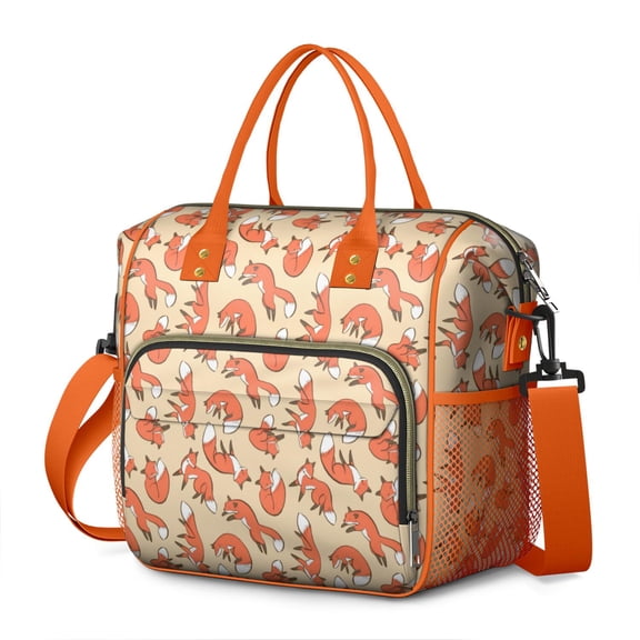 Cartoon Fox Design Lunch Box – Reusable Insulated Lunch Bag with Artistic Floral and Tree Patterns, Waterproof Cooler Tote with Adjustable Strap for Office or Travel
