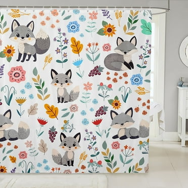 Cartoon Fox Fabric Shower Curtain Woodland Animals Bohemian Wildflower Bath Curtain 72"Wx72"L