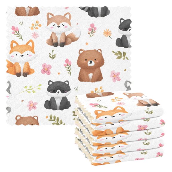 Cartoon Fox Kitchen Cloth Dish Towels for Drying Washing Absorbent Dish Rags Reusable soft kitchen dishcloth set 6 Pack