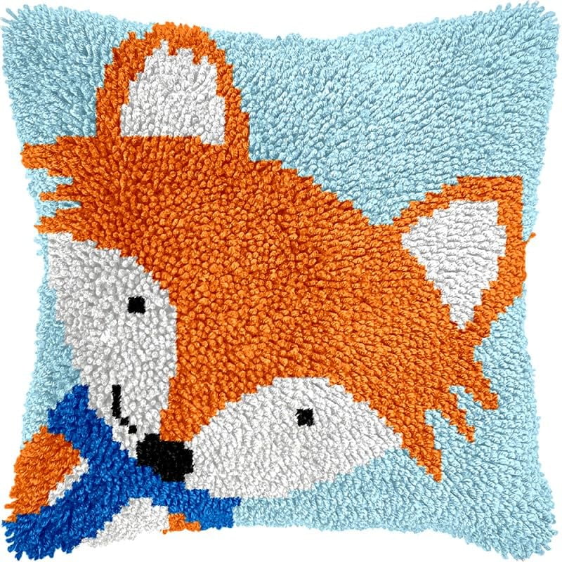 Cartoon Fox Latch Hook Pillows Kits Cushion Pillow Cover with Pattern Printed Canvas Sofa Hooking Pillowcase Crafts Embroidery Latch Hooking Crochet Kits Set 17x17 inch(1)