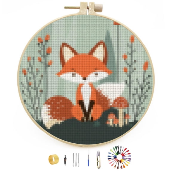 Cartoon Fox and Mushroom Easy Stamped Cross Stitch Kits for Beginners with Hoop Simple Patterns 11CT Counted Embroidery Needlepoint Crafts Arts for DIY Enthusiasts and Home Decor 26x26cm(2)