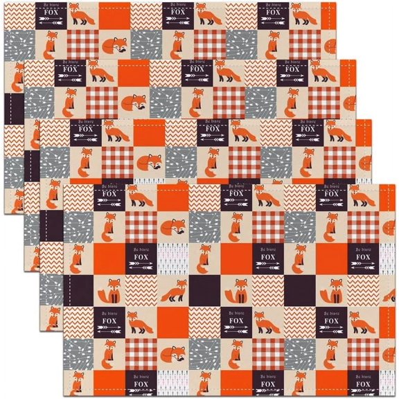 Cartoon Fox Placemats for Dining Table 18"x12" Set of 4 Soft Cute Fox Print Arrow Washable Fabric Decoration Table Mats Placemat Geometry Strip Lines Orange Red White Placemats