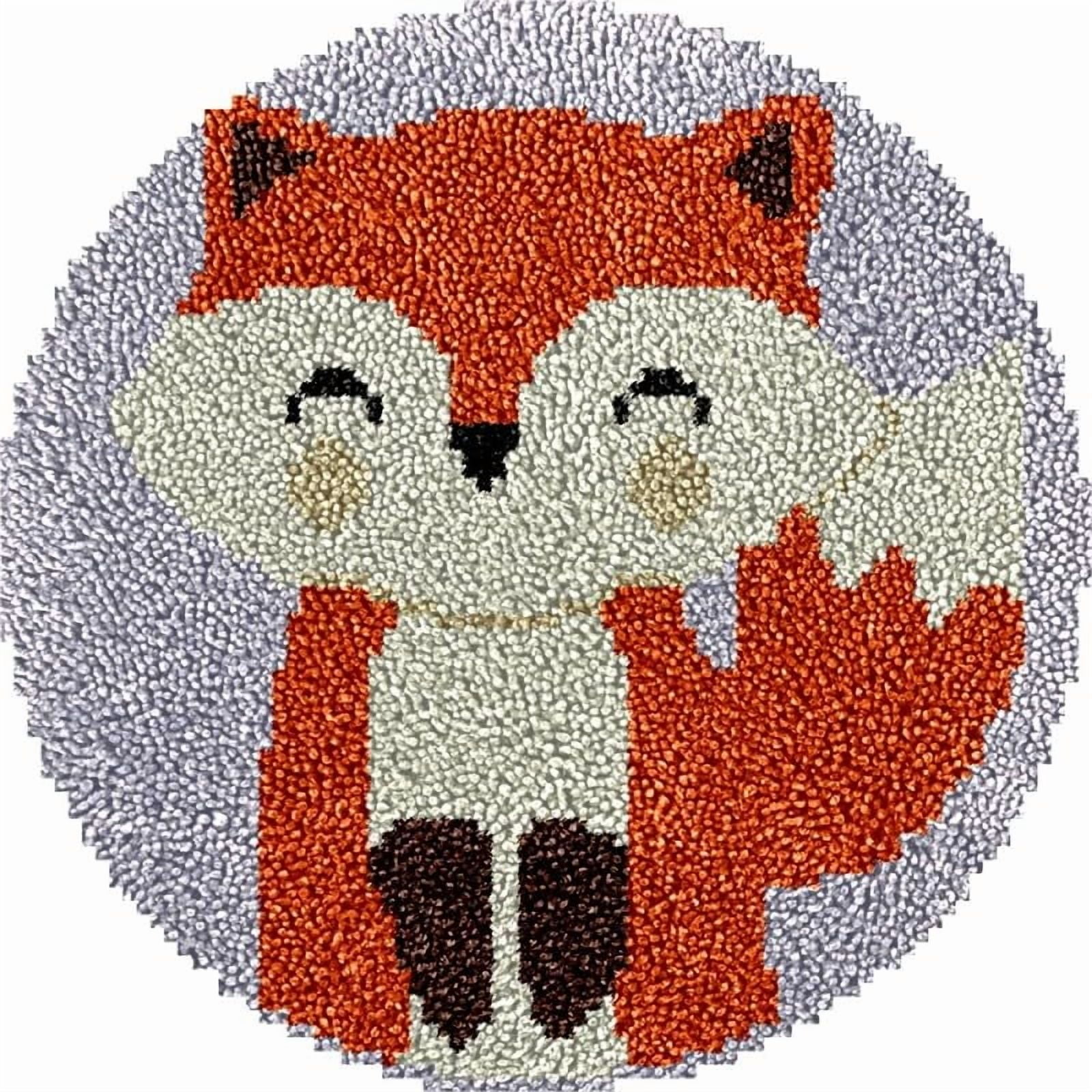 Cartoon Fox Round Shape Latch Hook Rug Kits Set for Starter Crochet Hook Cushion Mat Sofa Seat Cushion Crocheting Kits with Preprinted Canvas Crochet Yarn Kits 50X50cm (ui164)