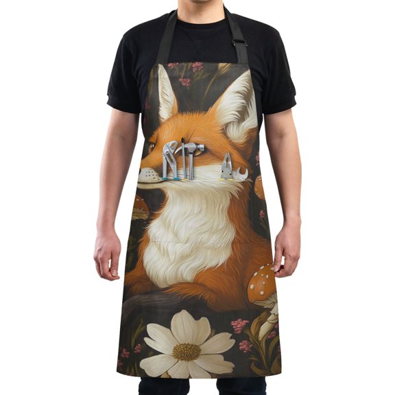 Cartoon Fox and Mushrooms Chef Kitchen Apron with Pockets for Women Waterproof Aprons for Cooking Baking