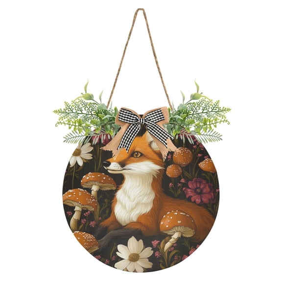 Cartoon Fox and Mushrooms Front Door Porch Decoration Hanging Sign with Artificial Green Plants and Bow for Home Outdoor Indoor