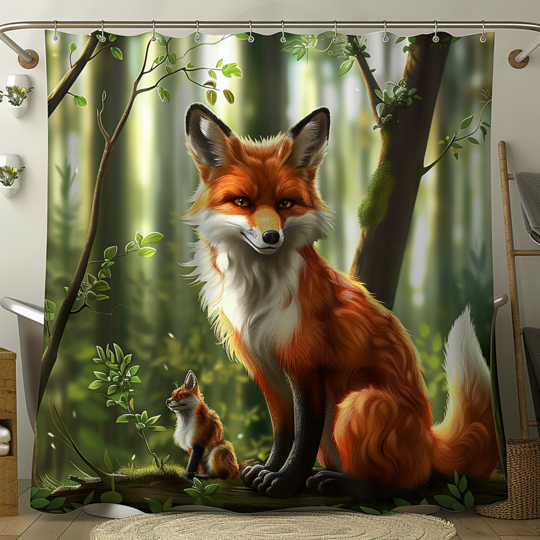 Cartoon Fox in Forest Shower Curtain Fun Bathroom Decor Highly Detailed