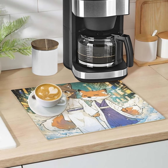 Cartoon Fox on Street Dish Drying Mat 12"x18" Kitchen Counter Dish Pad Microfiber Absorbent Drainer Rack for Coffee Bar