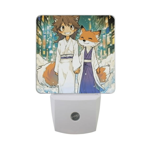 Cartoon Fox on Street Night Light 2 Pack LED Nightlight Plug into Wall Dusk to Dawn Sensor Soft White