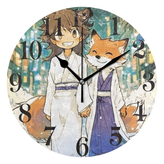 Cartoon Fox on Street Round Wall Clock Battery Operated Silent Non-Ticking Bedroom Office Kitchen Home School Decor 10"(Black)