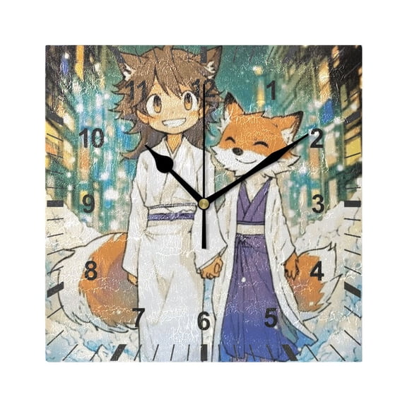 Cartoon Fox on Street Wall Clock Battery Operated Silent Non-Ticking Bedroom Office Kitchen Home School Decor 7.8"(Black)
