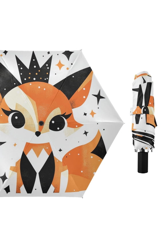 Cartoon Fox with Crown All Weather Umbrella Triple Folding Parasol 6 Ribs UV Protection Portable