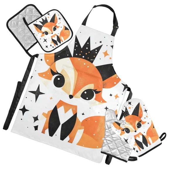 Cartoon Fox with Crown Apron Set with Oven Mitts Pot Holders Set of 5 Kitchen Stuff Accessories