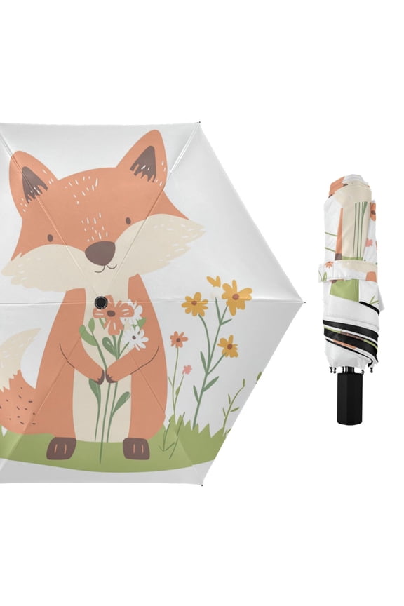 Cartoon Fox with Flowers All Weather Umbrella Triple Folding Parasol 6 Ribs UV Protection Portable