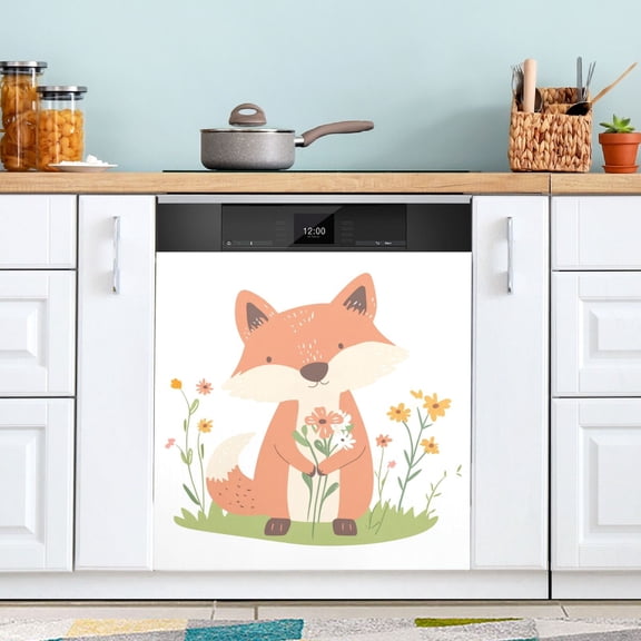 Cartoon Fox with Flowers Dishwasher Magnet Refrigerator Magnetic Cover Washing Machine Magnet Sticker Kitchen Decor