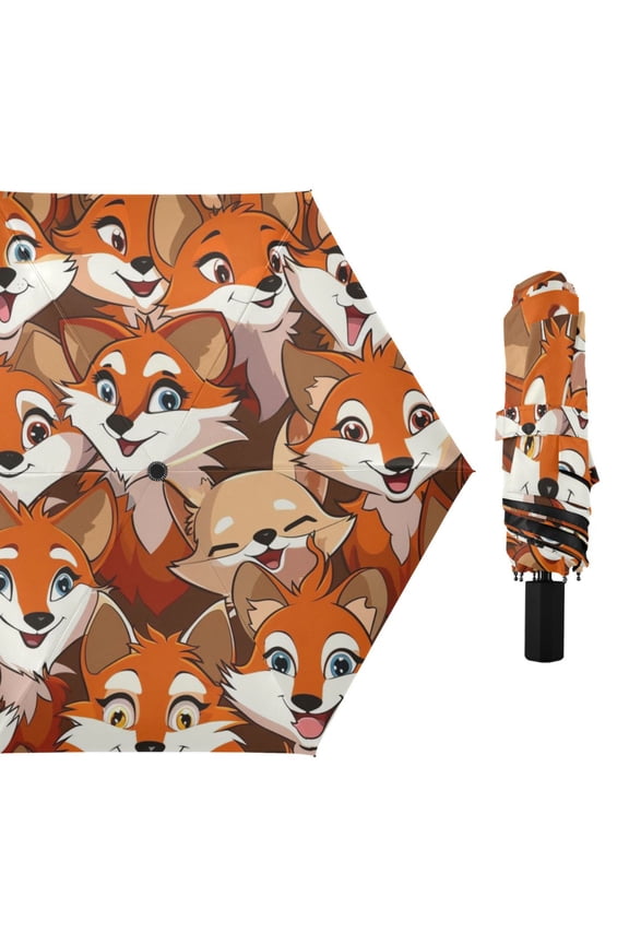 Cartoon Foxes Face Compact Sun Umbrella Windproof Travel Umbrellas for Rain Strong Portable UV Protection