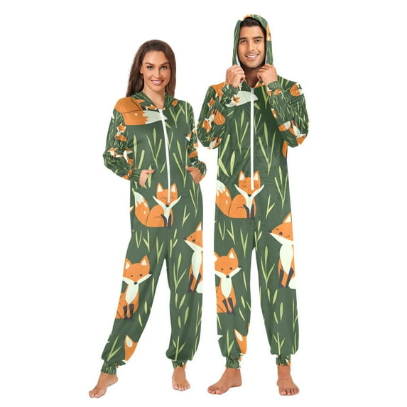 Cartoon Foxes Grass Adult Onesie Pajamas Slim Fit Christmas One Piece Suit Pjs for Women and Men Hooded Zipper