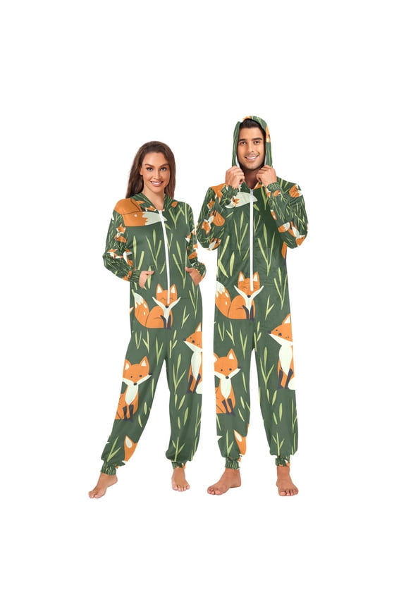 Cartoon Foxes Grass Adult Onesie Pajamas Slim Fit Christmas One Piece Suit Pjs for Women and Men Hooded Zipper