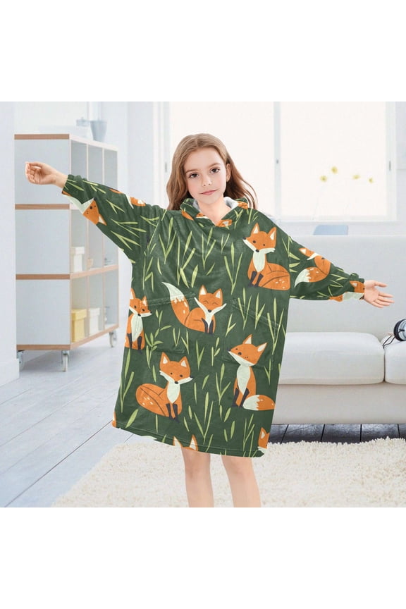 Cartoon Foxes Grass Oversized Wearable Blanket Hoodie Sweatshirt Flannel for Unisex Girls Boys
