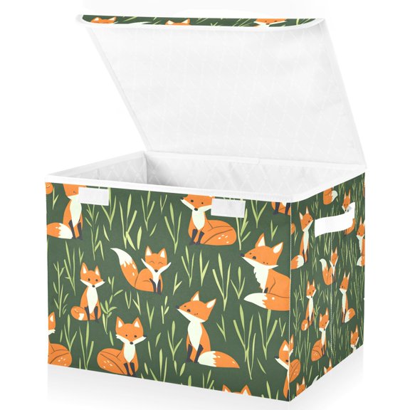 Cartoon Foxes Grass Storage Basket for Shelves Foldable Container Organizer for Organizing Toys Clothes Books with Handles