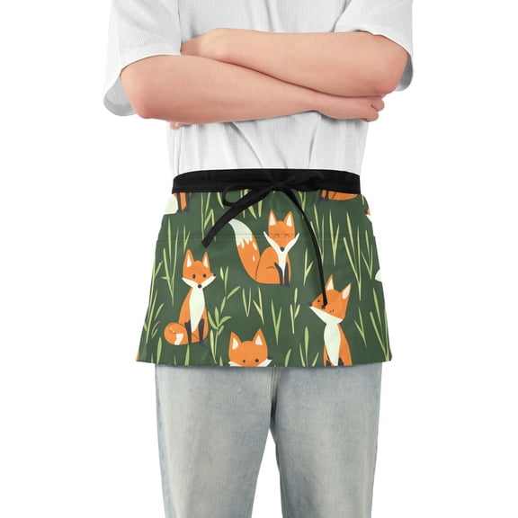 Cartoon Foxes Grass Waist Apron Adjustable Server Half Apron Kitchen Cooking with 3 Pockets for Men Women