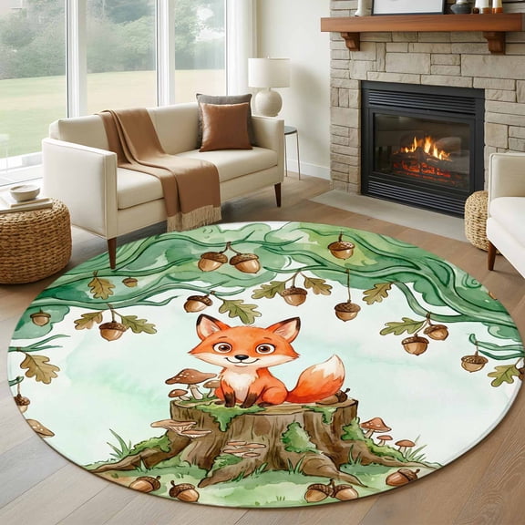 Cartoon Foxes Round Rugs for Living Room 6ft Watercolor Forest Animal Acorn Green Tree Non Slip Circle Rug Washable Low-Profile Indoor Carpet for Bedroom, Dining Room, Bathroom