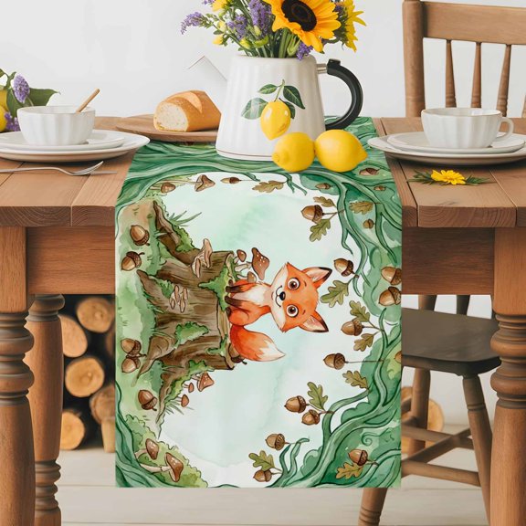 Cartoon Foxes Table Runner 13x108 Inch Watercolor Forest Animal Acorn Green Tree Cotton Linen Dining Table Runner Ideal for Dresser Kitchen Coffee Tables - Machine Washable