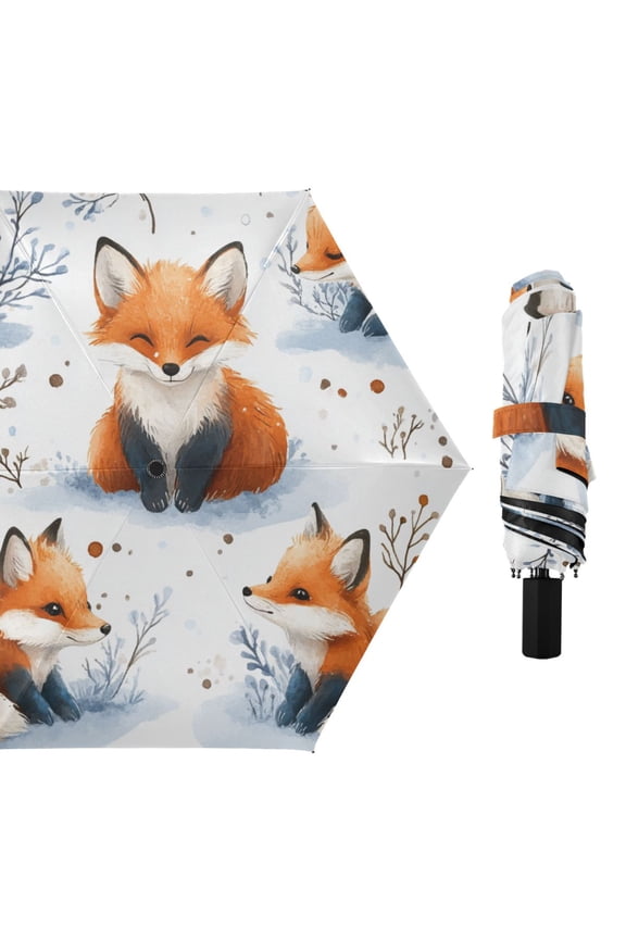 Cartoon Foxes in Snowfield Trees All Weather Umbrella Triple Folding Parasol 6 Ribs UV Protection Portable