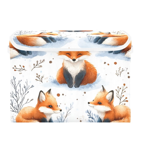Cartoon Foxes in Snowfield Trees Foldable Storage Bin with Lid and Handle Collapsible Storage Box 16.5 x 12.6 x 11.8 inches