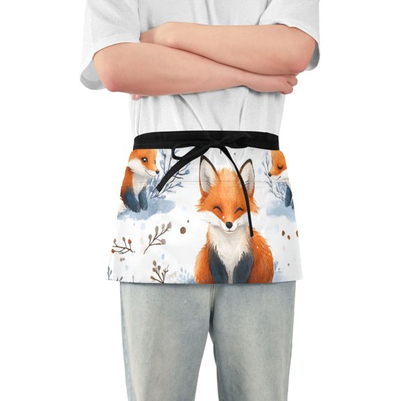 Cartoon Foxes in Snowfield Trees Short Server Apron with 3 Pockets for Unisex Chef Gardening