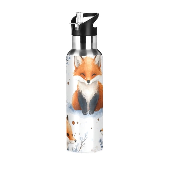 Cartoon Foxes in Snowfield Trees Sports Bottle with Straw Stainless Steel Water Jug Portable Thermal Cup Leak-proof 1000ML