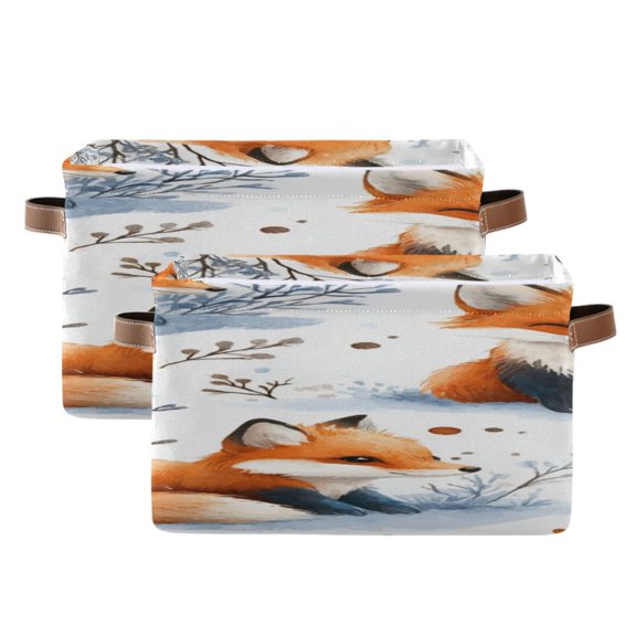 Cartoon Foxes in Snowfield Trees Square Storage Bins with Handles Collapsible Containing Box 2 Packs