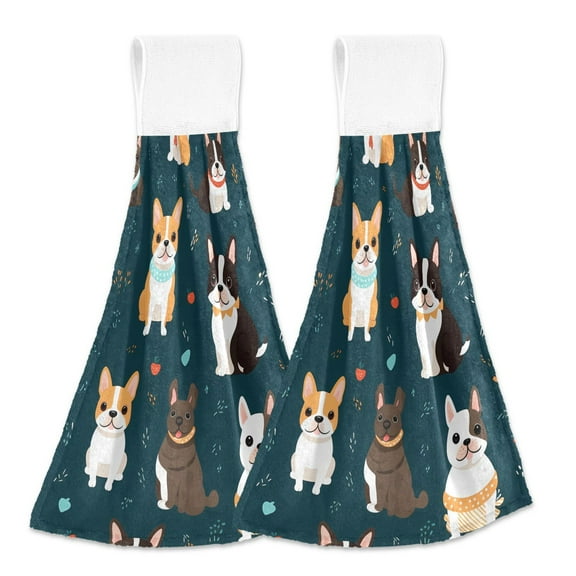 Cartoon French Bulldog 2pcs Bathroom Hanging Towels Velcro Soft Hand Towel Absorbent Tie Towels for Kitchen Toilet Tea Bar Washcloth